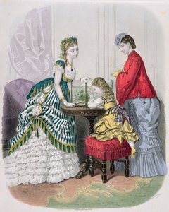 妇女和一个看着水族馆的孩子，来自LaModeIllustrée，1870年 作者 法语学校
