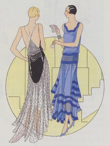20 世纪 30 年代设计师珍妮和菲利普-加斯顿设计的女士晚装（彩色石版印刷品） 作者 法语学校