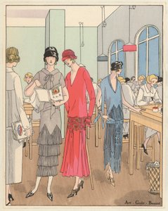 设计师让-帕图（Jean Patou）和乔治-多伊莱（Georges Doeuillet）设计的 20 世纪 20 年代女装（彩色石版画 作者 法语学校