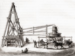 19 世纪，工人在法国 Grenelle 使用旋转木马和绞盘钻自流井，出自 1870 年出版的“Les Merveilles de la Science”（雕刻） 作者 法语学校