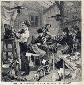 为狂欢节（Mardi-Gras）的伪装制造面具的车间。在1897年2月14日的 "小巴黎人 "中 作者 法语学校