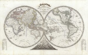 两个半球的世界地图（彩色雕刻）