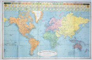 不同时区的世界地图，由Blondel La Rougery于1920年在巴黎出版