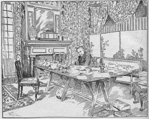 作家小亚历山德拉-大仲马（1824-1895）在他的工作柜中。1895年12月12日 "La gazette du dimanche "上的雕版画。 作者 法语学校
