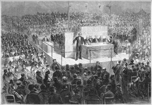 作家欧内斯特-勒古夫（1807-1903）主持了一个 "爱国会议"，该会议旨在为赎回1870年战争结束后被德国占领的法国省份筹集资金。巴黎，香榭丽舍大街的马戏团，2月25日 作者 法语学校