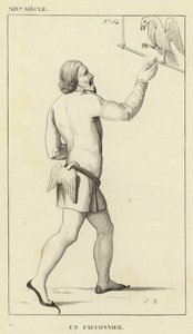 十四世纪，A Falconer（雕刻）。 作者 法语学校
