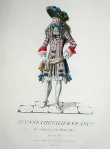 1678年马耳他骑士团的年轻骑士，插图来自 "Receuil de Tous les Costumes des Ordres Religieux et Militaires"。 作者 法语学校