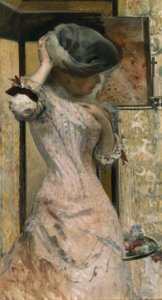镜前的年轻女子，约 1879-83 年（布面油画） 作者 法语学校