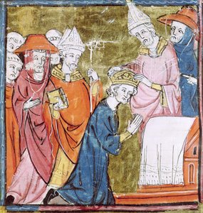 f.106r查理曼皇帝的加冕礼（742-814），教皇利奥三世（c.750-816），罗马圣彼得斯，800，Grandes Chroniques de France，1375-79 作者 法语学校