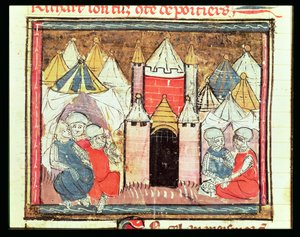 f.259r法国的菲利普·奥古斯都（1165-1223）击败英格兰国王约翰（拉克兰德）（1199-1216），法国格兰德斯法兰西，1375-79 作者 法语学校