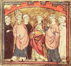 f.73r Dagobert I（605-39），弗兰克斯国王接受法国王国，来自Grandes Chroniques de France，1375-79 作者 法语学校