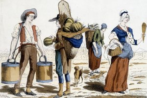 18 世纪巴黎服饰插图：运水工、瓜果商人、chiffonnier、享乐商人。 作者 法语学校