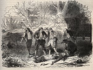 里昂邮递事件 - Affaire du courrier de Lyon - la malle-poste est attacked en Seine et Marne by 5 individuals on 28 April 1796 - Engraving in "Cause celebres de tous les peuples" by Armand Fouquier (1817-18?) 1858-1867 - private collection 作者 法语学校
