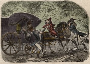 里昂邮递事件 - Affaire du courrier de Lyon - la malle-poste est attacked en Seine et Marne by 5 individuals on 28 April 1796 - Engraving in "Cause celebres de tous les peuples" by Armand Fouquier (1817-18?) 1858-1867 - private collection 作者 法语学校
