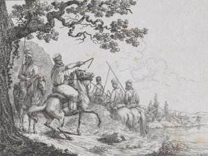 哥萨克人沿着河岸骑马，1814年。 作者 弗里德里希·奥古斯特·德拉贝尔