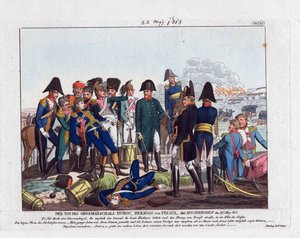 1813 年 5 月 22 日在 Hochkirchen 元帅杜洛克之死 (bataille de Bautzen ou Wurschen) - Campe, August Friedrich Andreas (1777-1846) - 蚀刻，水彩 - 24x28,5 - 私人收藏 作者 弗里德里希·坎普