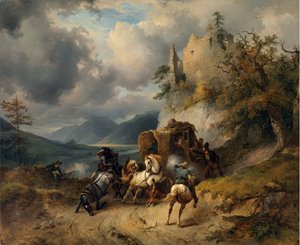 The Robbery par Gauermann, Friedrich August Matthias (1807-1862)。 布面油画，尺寸：60,5x74 作者 弗里德里希·高曼