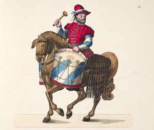 1842年由Carl Hoffmann出版的Franz Kottenkamp博士参加锦标赛的鼓手，来自“发展与侠义风俗的历史” 作者 弗里德里希·马丁·冯·赖比施