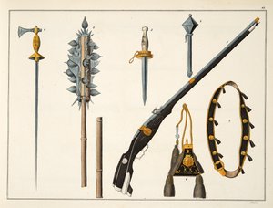 武器，包括一支火枪，c.1400，来自&39;发展历史与侠义风俗&39;，由Franz Kottenkamp博士发表，由Carl Hoffmann出版，1842年