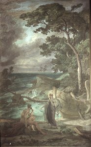 Arrival of Odysseus at the nymph Calypso, Scenes from the Odyssey   1400842   zh       chinese Successfully Translated  Original: The Squirrel, the dog and the fox, from Fables by Jean de La Fontaine (1621-95) (colour engraving) Translat: The Squirrel, the