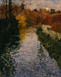 秋天的河流景观与小屋（布面油画）