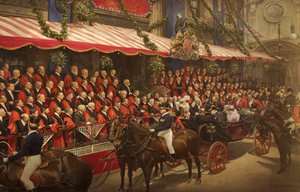 国王爱德华七世于1908年7月9日在议会大厦授予阿尔德曼-爱德华-B-詹姆斯骑士勋章的荣誉。 作者 弗里茨·冯·坎普茨
