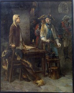 "沙皇皮埃尔三世 1762 年（1728-1762 年）在施利塞尔堡要塞探望伊凡六世（1740-1764 年）" 彼得三世皇帝 1762 年在施利塞尔堡要塞探望伊凡六世-安东诺维奇 - Peinture de Fyodor Yemelyanovich 作者 费奥多尔·叶梅利亚诺维奇·布罗夫