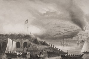 1813年8月31日，圣塞巴斯蒂安的风暴，Lieut的“英格兰海上和陆地战役”中的插图。威廉姆斯上校（雕刻）