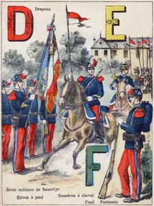 Letters D E F: Flag, Military School of Saint-Cyr (Saint Cyr), Eleves on foot, Horse Squadron, Rifle and Fantassin, c.1900 (lithograph) 作者 G.达舍尔