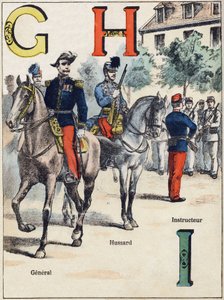 字母G H I。将军、胡萨德和教官。在 "军事字母表 "中的雕刻，Grand-Bebe系列。雕刻。蓬-阿-穆松成像。路易斯-瓦涅，印刷商-出版商，约1900年。G. Dascher的插图。20页。尺寸：31.5x24.5厘米 作者 G.达舍尔