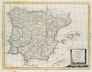 古代西班牙分为三个不同的地区，即Terraconensis、Lusitania和Baetica，也分为不同的民族，G. Zuliani的雕刻，取自Antonio Zatta于1785年在威尼斯出版的《最新地图集》第一册，私人收藏。