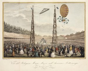 1838年Airship Retirremiga中博洛尼亚人Muzio Muzzi（1809-46）的飞行 作者 G.梅洛尼之后