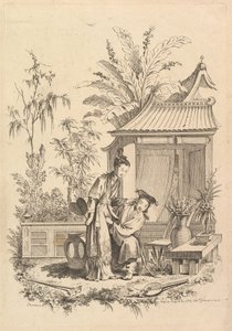 与人物在风景的中国风格场面，18世纪。