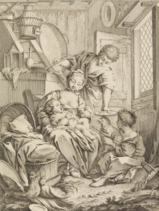 图版1：年轻女子喂养婴儿，出自《Premier Livre de Sujets et Pastorales Fi...》，1720-72。