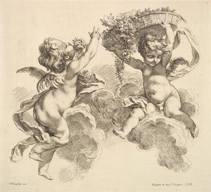 1738-45年，两个孩子，一个抱着一个带花的篮子。