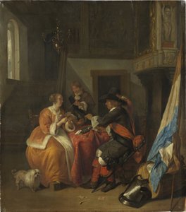 纸牌游戏 - 纸牌游戏，由 Metsu, Gabriel (1629-1667) 编写。 木头上的油 作者 加布里埃尔·梅苏
