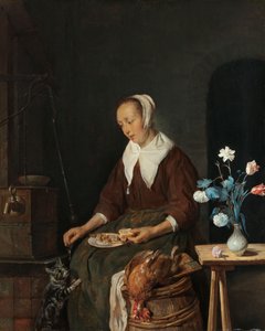 进食的女人，又名 "猫的早餐"，约 1661-64 年（木板油画） 作者 加布里埃尔·梅苏