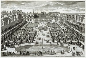 Parc du Palais Royal 在巴黎的视图。 Perelle 雕刻，17 世纪末。