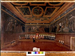 18 世纪总督宫的十人委员会 - Sala Del Consilgio di Dieci 1725 - 十人委员会的房间，威尼斯总督宫（18 世纪），Gabriele Bella（1730 - 1799） - 总督和议会 十。 科雷尔博物馆。 威尼斯