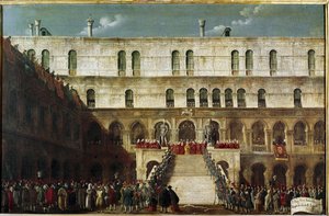 Induction of the Doge to the Staircase of the Geants（总督在威尼斯的 Scala dei Giganti 上加冕） - Gabriele Bella 作画（约 威尼斯，奎里尼·斯坦帕利亚基金会 作者 加布里埃尔·贝拉
