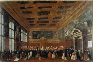 学院大使招待会（威尼斯，学院大使招待会） - Gabriele Bella（约 1730-1799 年）绘画，布面油画，99x150 厘米。 威尼斯，奎里尼·斯坦帕利亚基金会