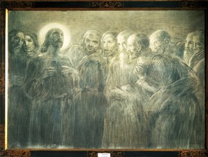 门徒中的基督》，作者Gaetano Previati (1852-1920)，布面炭笔。 作者 加埃塔诺·普雷维亚蒂（Gaetano Previati）