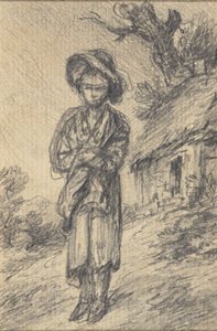 站在小屋旁的男孩