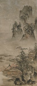 景观：山脉、溪流和房屋，室町时代，16世纪初。 作者 佐久学夫