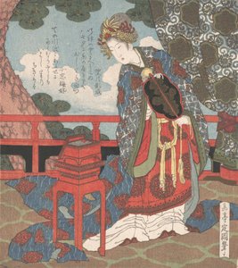 站在阳台上的持扇女士，19世纪。