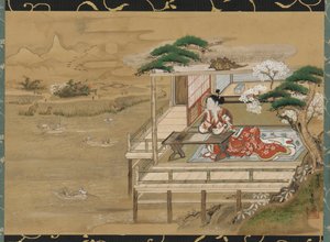 江户时代，19世纪，村崎涉在石山寺创作《源氏物语》。