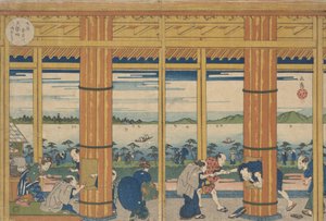 天波山湾岸边的雨棚，1838年。 作者 Gakutei
