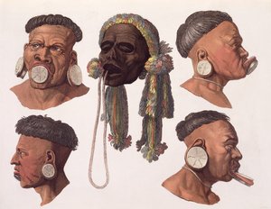 Botocudos印第安人的头（彩色雕刻）