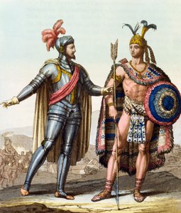 来自米兰Jules Ferrario的&39;Le Costume Ancien ou Moderne&39;的Hernan Cortes（1485-1547）和Montezuma II（1466-1520）之间的相遇，1820年