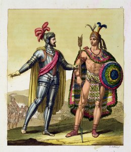 Hernando Cortes（1485-1547）和Montezuma II（1466-1520）之间的遭遇，来自&39;Le Costume Ancien et Moderne&39;，第一卷，第63页，由Jules Ferrario出版，出版于1820年代至30年代（彩色版画）